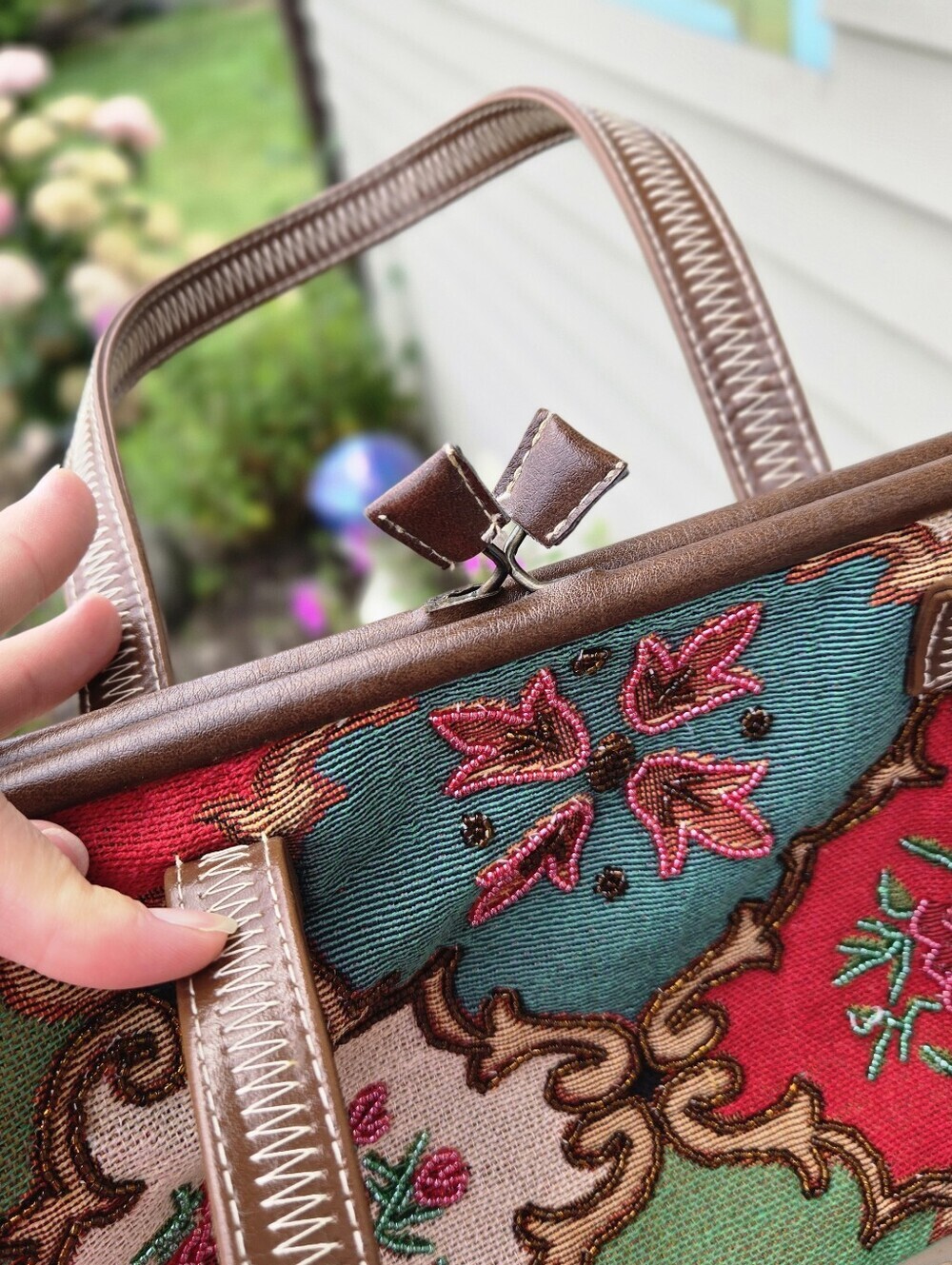 Vintage Floral Rose Clasp Tapestry Beaded Embellished Purse Shoulder Bag Satchel - Picture 4 of 6